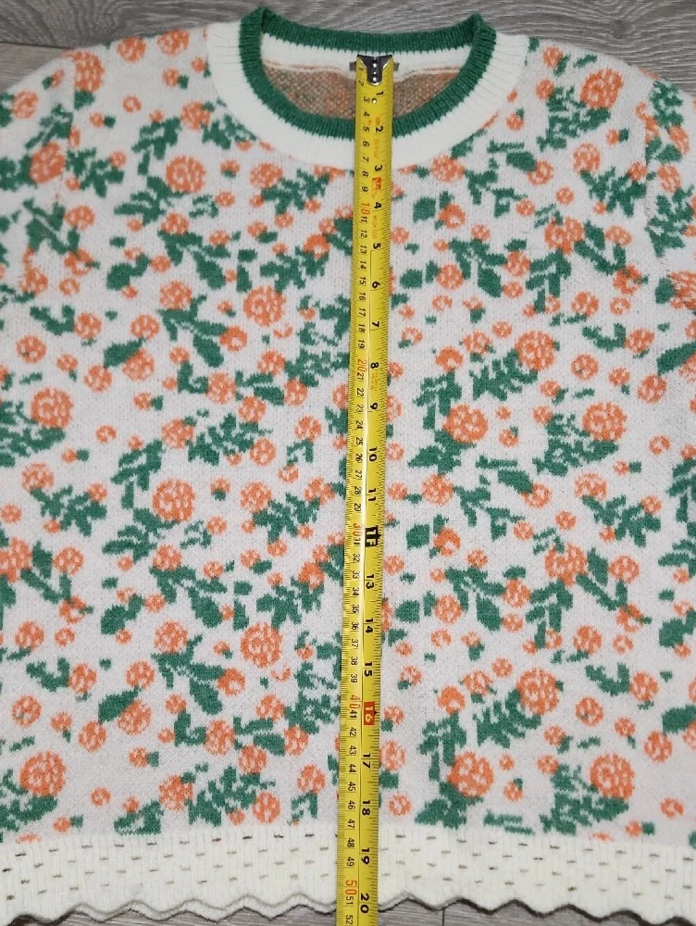 Coquette Orange Green Floral Scalloped Open Knit Sweater Crop Size Small